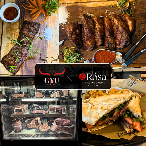 Collage of GYU and La Rosa restaurant branding with food images.